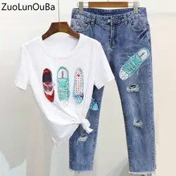 Женская футболка, джинсы, комплект из двух предметов, новая обувь с бисером, маленькие туфли, блестки, футболка с коротким рукавом