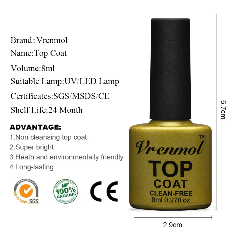 Vrenmol 8 مللي Semic الدائم لا نظيفة LAK أعلى قاعدة معطف هلام الورنيش أعلى تشغيله + قاعدة معطف الأساس شفافة هلام ورنيش
