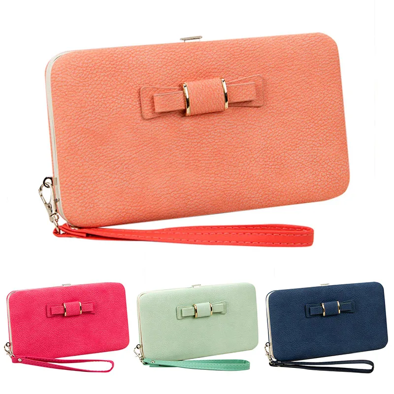 Women Medium Length Wallets PU Leather Bowknot Purse Wallet Hard Phone