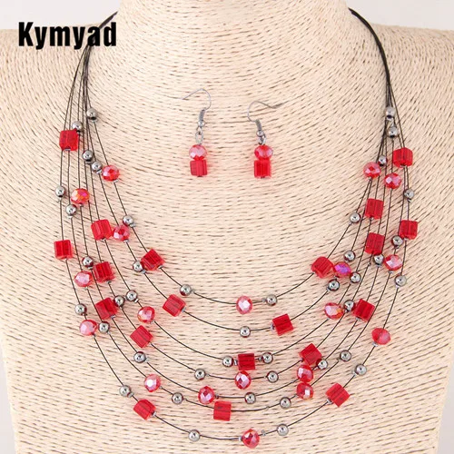 Kymyad турецкий винтажный ювелирный набор, богемный кристалл, многослойный Африканский бисер, камень, ювелирный набор, массивное ожерелье, серьги, набор - Окраска металла: color 3