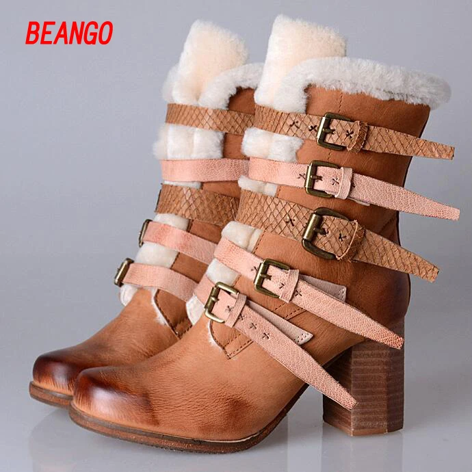 BEANGO Fashion real leather wool fur lined short boots suede snow boots with buckle for women winter shoes european side zi