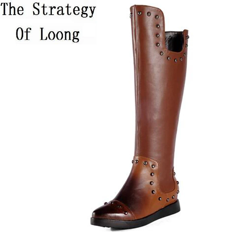 chunky heel knee high leather boots