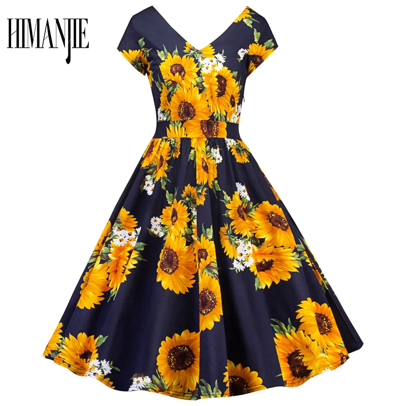 Новый 1960 S Feminino Vestidos Лето Подсолнечник печати Для женщин Винтаж платье V шеи
