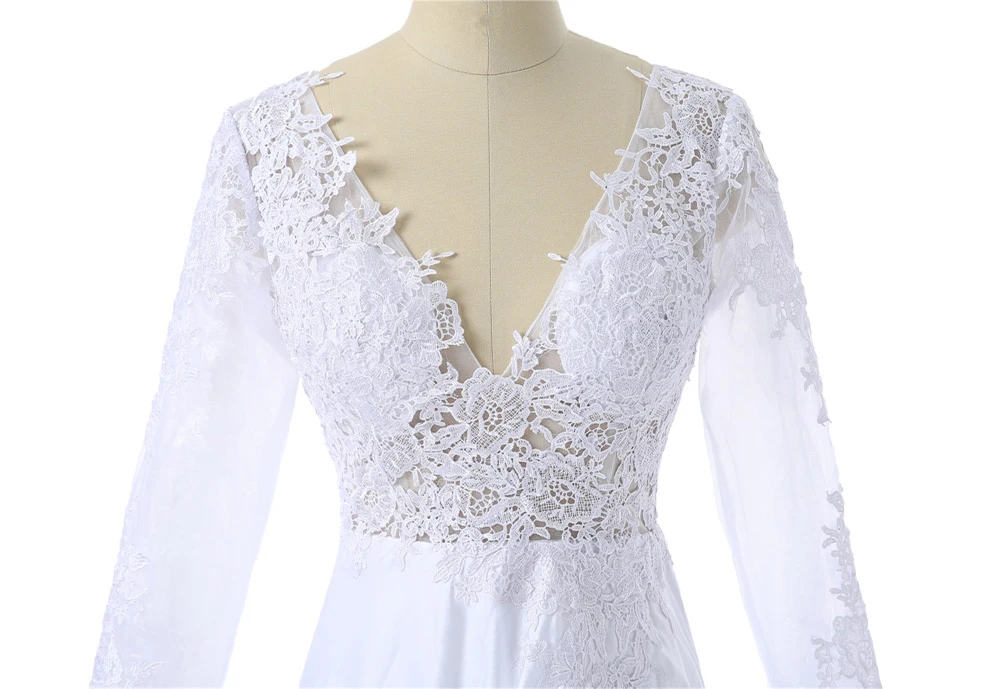 Спинки Vestido De Noiva Свадебные платья A-Line v-образным вырезом одежда с длинным рукавом шифон Кружева Дешевые Свадебное платье в богемном стиле Свадебные платья