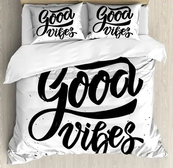 

Good Vibes Duvet Cover Set Hand Drawn Style Lettering Motivation Phrase with Modern Artistic Grunge Look Bedding Set Black White