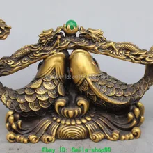 1" Китай Бронза Нефрита Богатство Деньги Двойной Рыба Золотая Рыбка Дракон Lotus Жуй Статуя