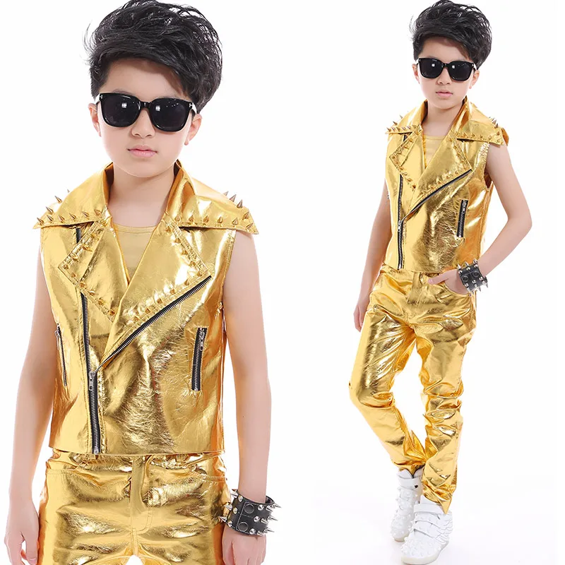 

2018 new arrival boys suit dance wear kids stage costume for children Model show rivets vest drums and chorus performance suit