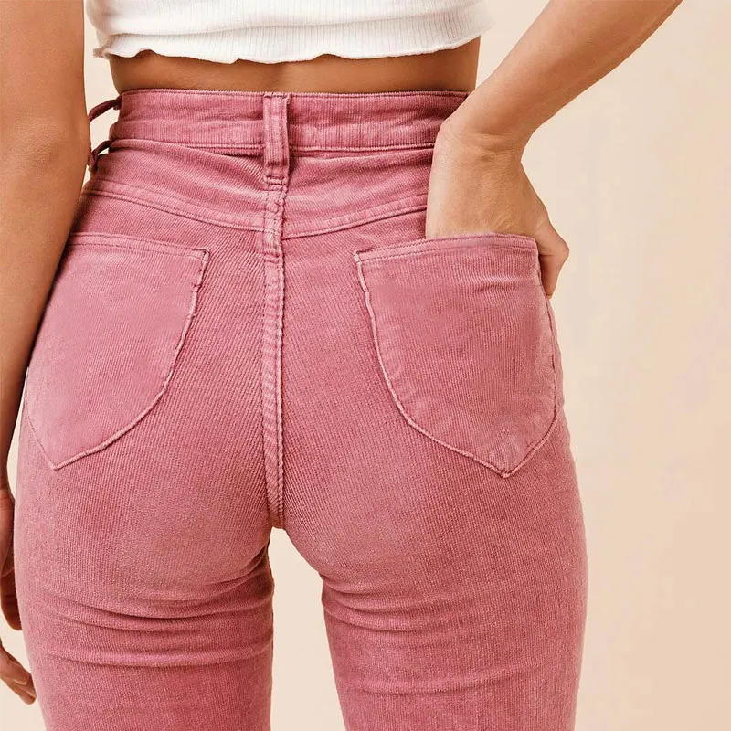 

2019 Women Flare Boot Cut Velvet Pants High Waist Hip Pocket Corduroys Pants Female Winter Pink Trousers Velour Flare Pants