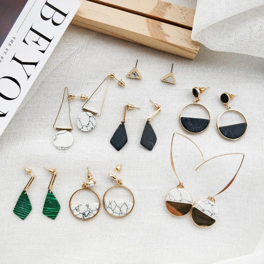 

High Grade Simple Geometric Round Triangle Square Shaped Stone Stud Earrings For Women Fashion Ear Jewelry Gifts