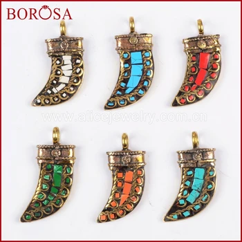 

BOROSA Brass horn pendant Flat Brass Ornate Indian Horn Pendant With Multi-Color Inlay Tibetan style JT059