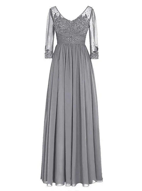 

2019 Women's Half Sleeve V-Neck Mother Of The Bride Dresses Hand-Sewn Appliques Chiffon Dress Vestidos Madre Novia