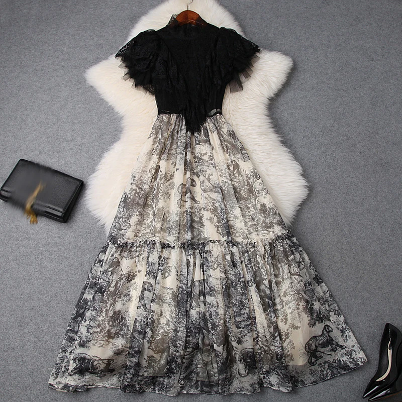 

2019 Spring Summer Women Elegant Ink Painting Leopard Forest Print Maxi Dresses Lace Patchwork Ruffles Stand Collar Dress Jc3017