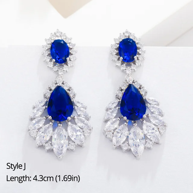 BeaQueen Leaf Flower Teardrop Cubic Zircon Royal Jewellery Big Dark Blue CZ Crystal Long Dangle Wedding Earrings for Women E293 Style J