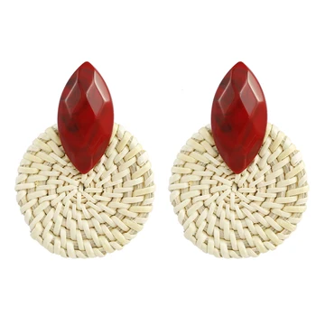 

AENSOA 3 Colors Korea Acrylic Big Round Pendant Drop Earrings For Women 2019 Handmade Wooden Weave Rattan Vine Braid Earrings
