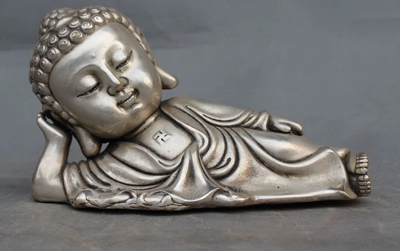 

8"Old Tibet Buddhism Silver Sleep Sakyamuni Shakyamuni Tathagata Buddha staue