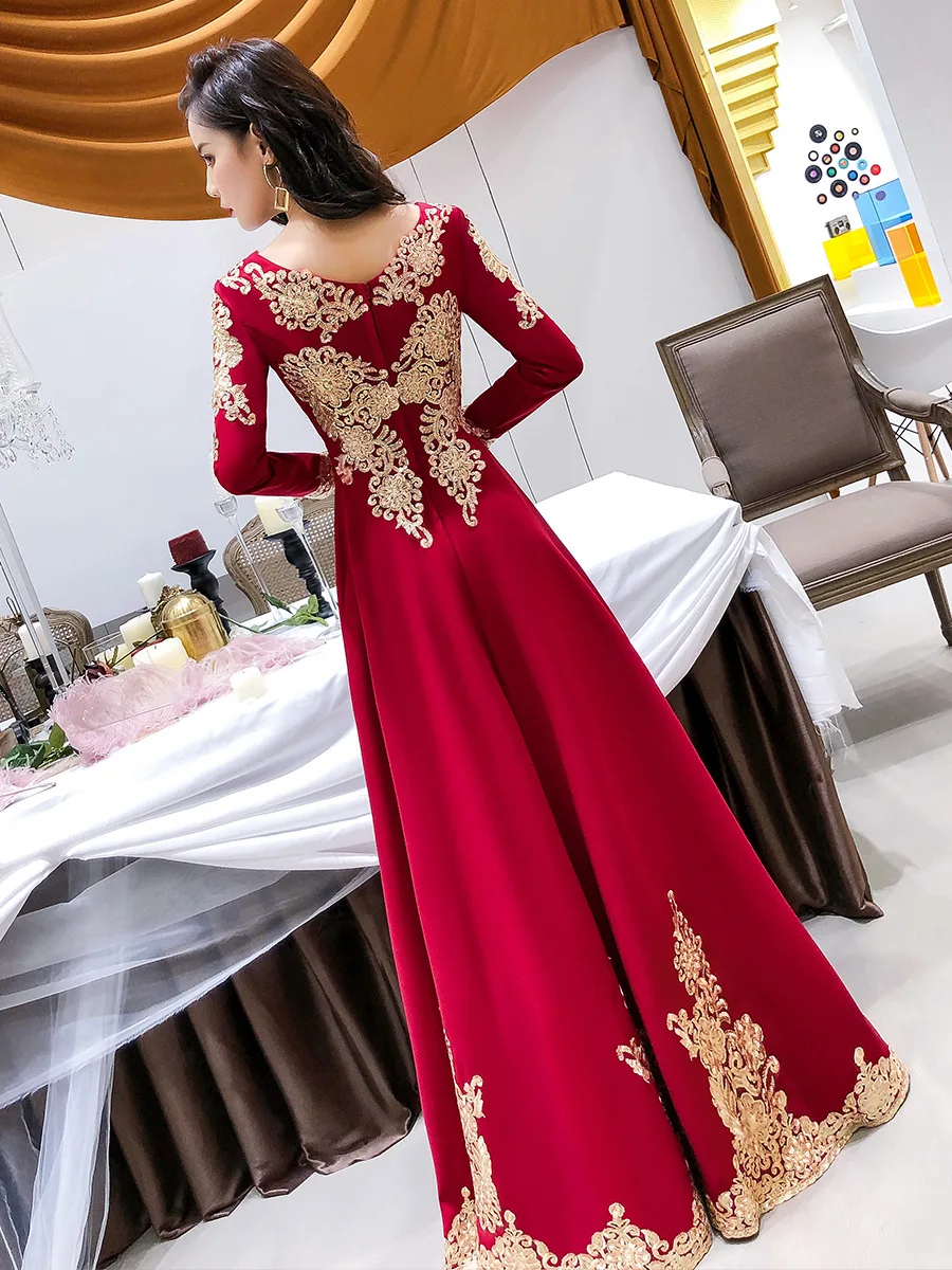 Красное платье с длинным рукавом в восточном стиле, китайское винтажное традиционное свадебное платье Ципао, длинное платье Ципао размера плюс XS-3XL