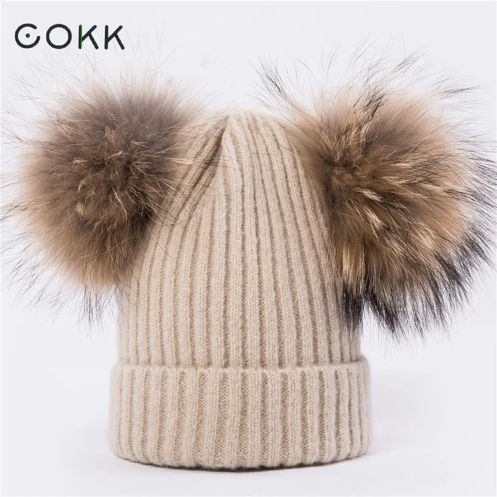 COKK женская зимняя шапка, вязаная шапка с двумя помпонами, шерстяная шапка с натуральным мехом енота, шапки с помпоном, женская теплая шапка