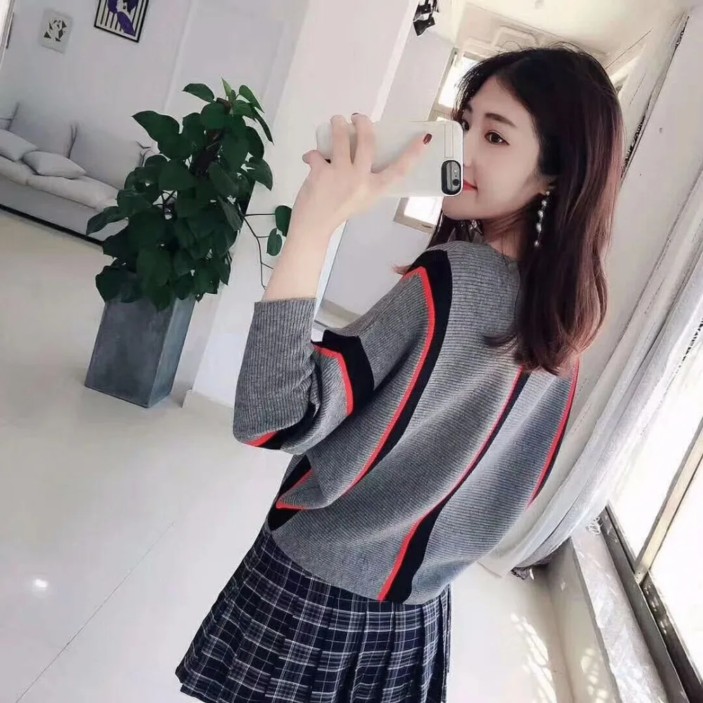 

2019 Autumn Winter Sweater Women O-Neck Loose Knitted Pullover Female Pull Femme Batwing Sleeve Striped