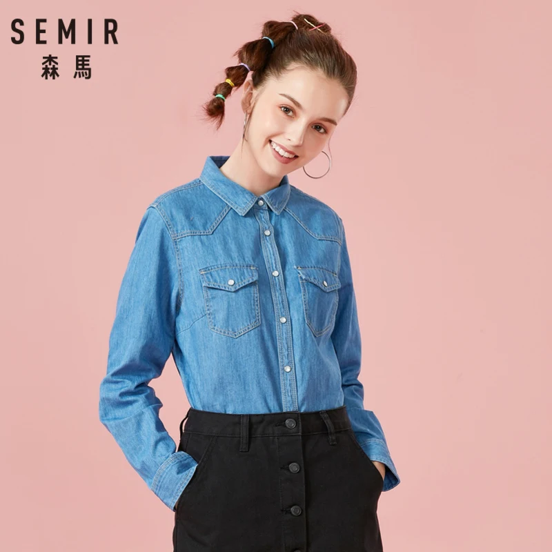 Beste SEMIR Vrouwen 100% Katoen Regular Fit Denim Shirt met Borst Pocket vrouwen Boyfriend Shirt Jas Top met Kraag Tapered taille