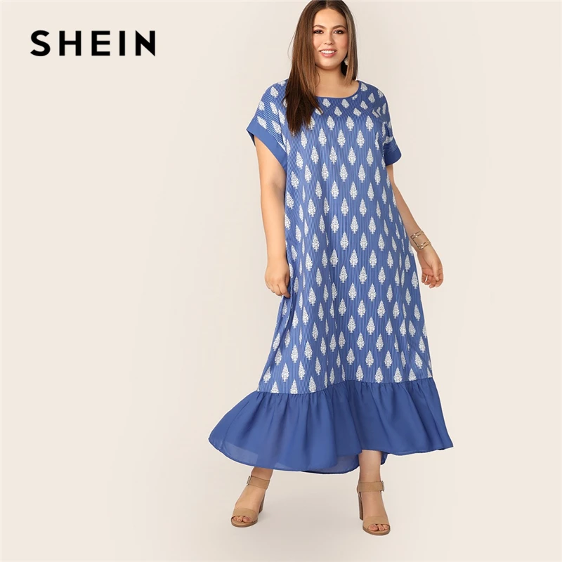 

SHEIN Plus Plants And Striped Print Flippy Hem Dress Women Modest Blue Summer Short Drop Waist Batwing Sleeve Shift Dress