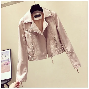 

Women Spring Autumn Pu Leather Jacket Zipper Long Sleeve Casual Pocket Slim Motorcycle Jacket Biker Faux Leather Jacket Women