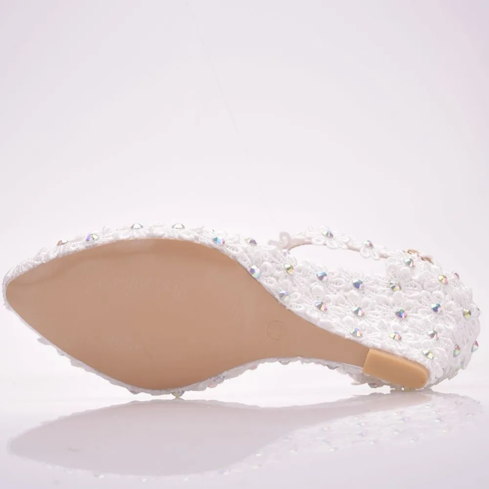 Crystal Queen String Bead Lace Wedges Platform Party Wedding Shoes Women Rhinestone Flower High Heels Ladies Ankle Strap Sandals