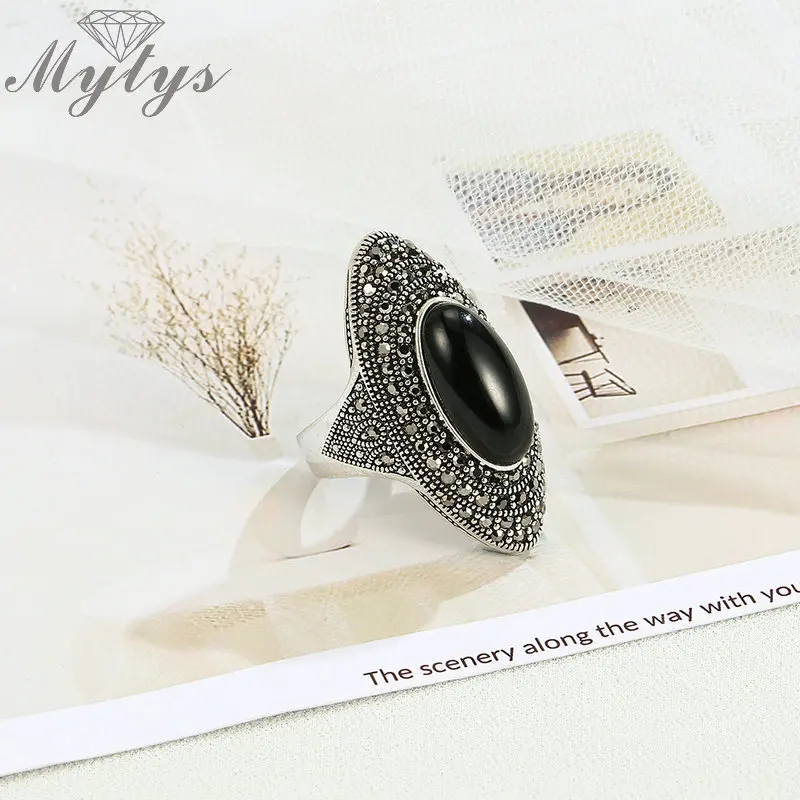 Mytys Vintage Wide Ring Classic Black Marcasite Crystal Rows Statement Silver Chunky Rings