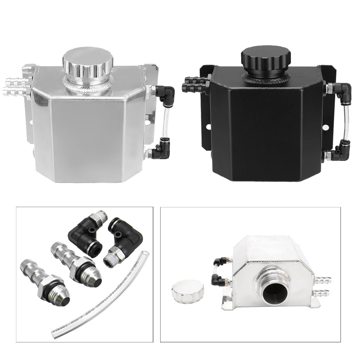 

Alloy Aluminum Oil Tank Catch Reservoir Tank Universal Chrome Black Fuel Coolant Tank Oil Catch Can with Leather Hose&Connector