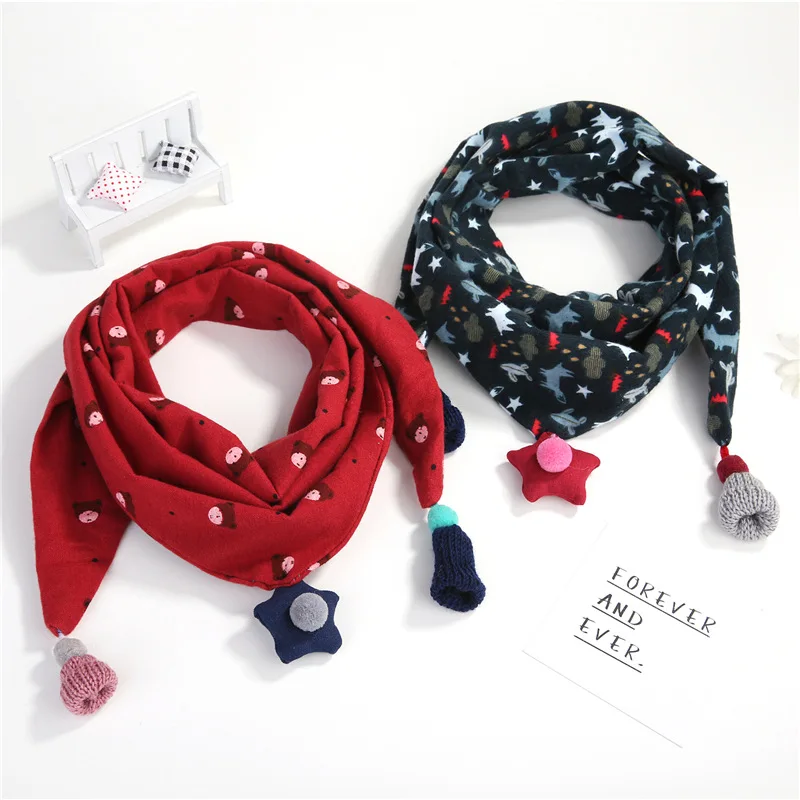 

baby children soft thick triangle scarf autumn winter new cartoon printed cotton linen scarves shawls for boys girls bib