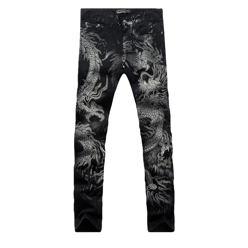 

2017 New Black Jeans Men's Cotton Dragon Pattern Brand Designer Mens Printed Jeans pants Slim Fit Denim Trousers Male