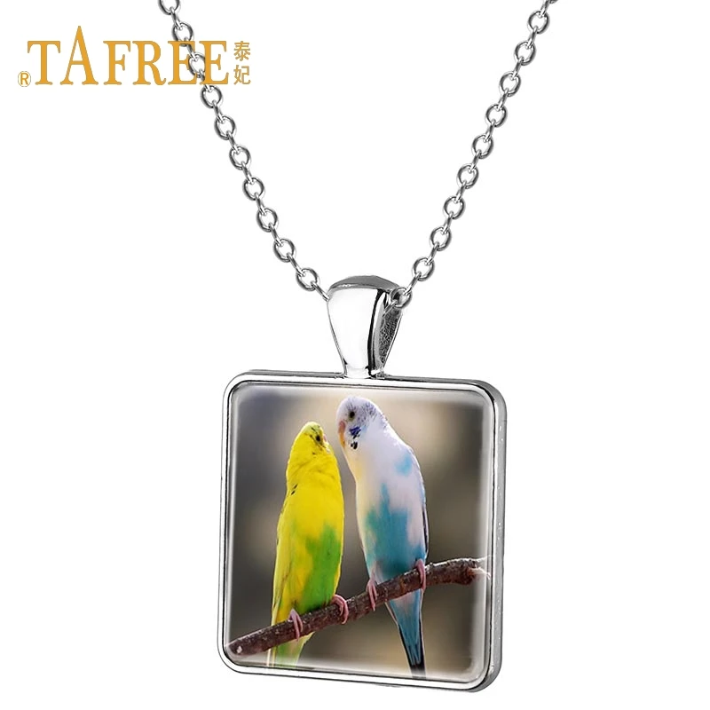 

TAFREE ladies glass gem Birds Square pendant necklace animal bird pattern singing parrot for child student gift jewelry J539