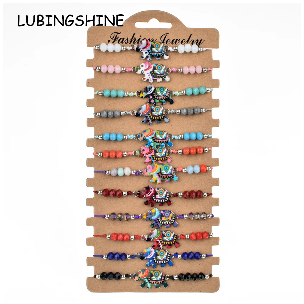 

12pcs/Sets Women Crystal Beads Bracelet Woven Adjustable Rope Chain Elephant Charms Wristband Anklet Handmade Jewelry Gifts