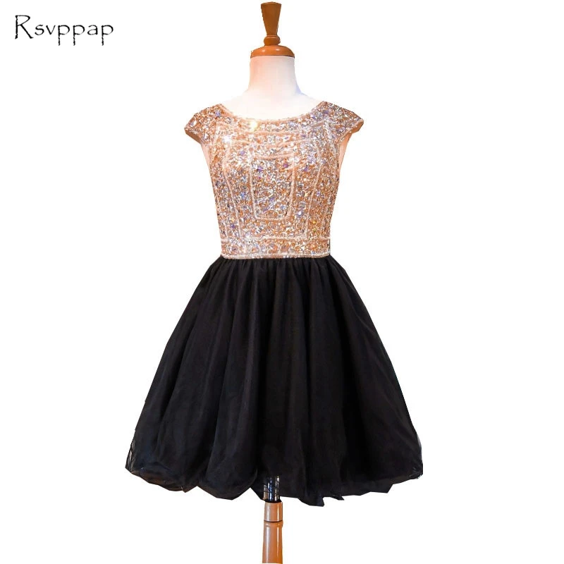 Sparkly A-line Scalloped Ärmel Perlen Kristalle 8th Grade Prom Backless Schwarz Homecoming Kleider 2019 Party Die Nieren NäHren Und Rheuma Lindern Weddings & Events