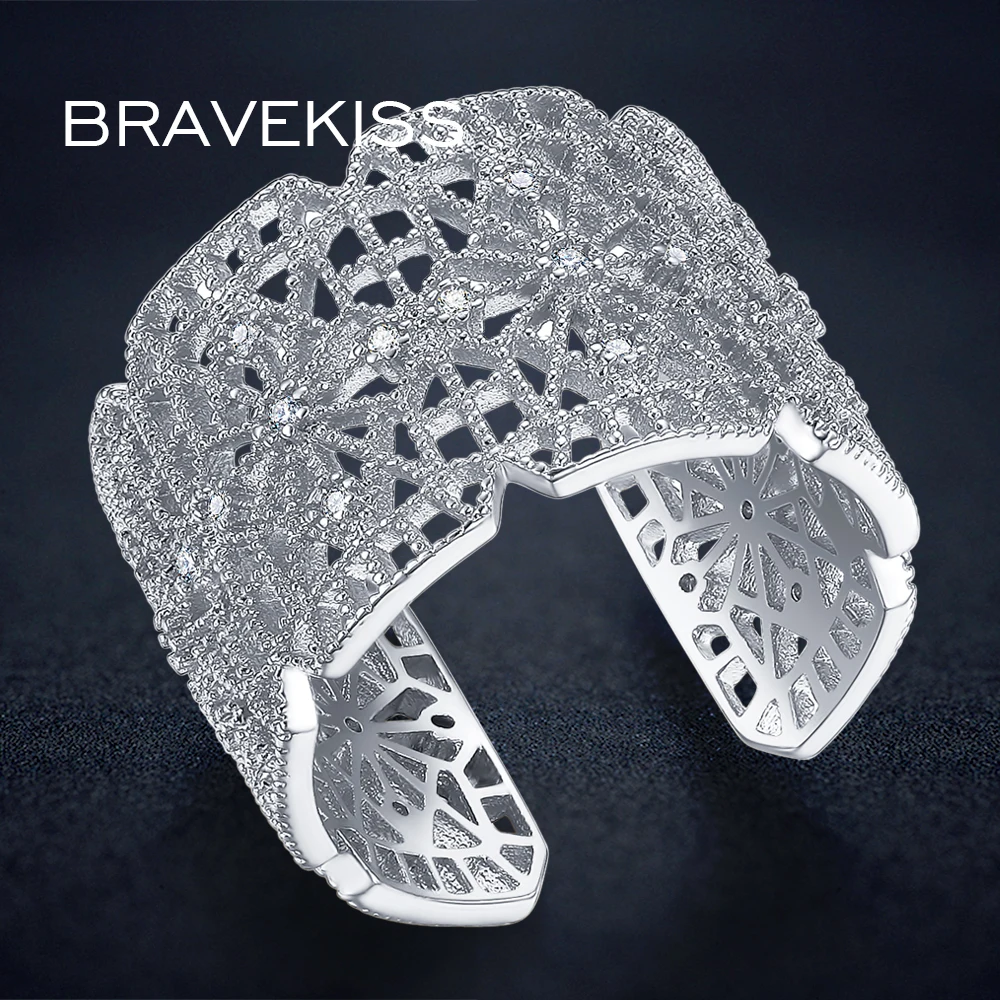 Женское Открытое кольцо BRAVEKISS белое регулируемое с фианитами роскошное
