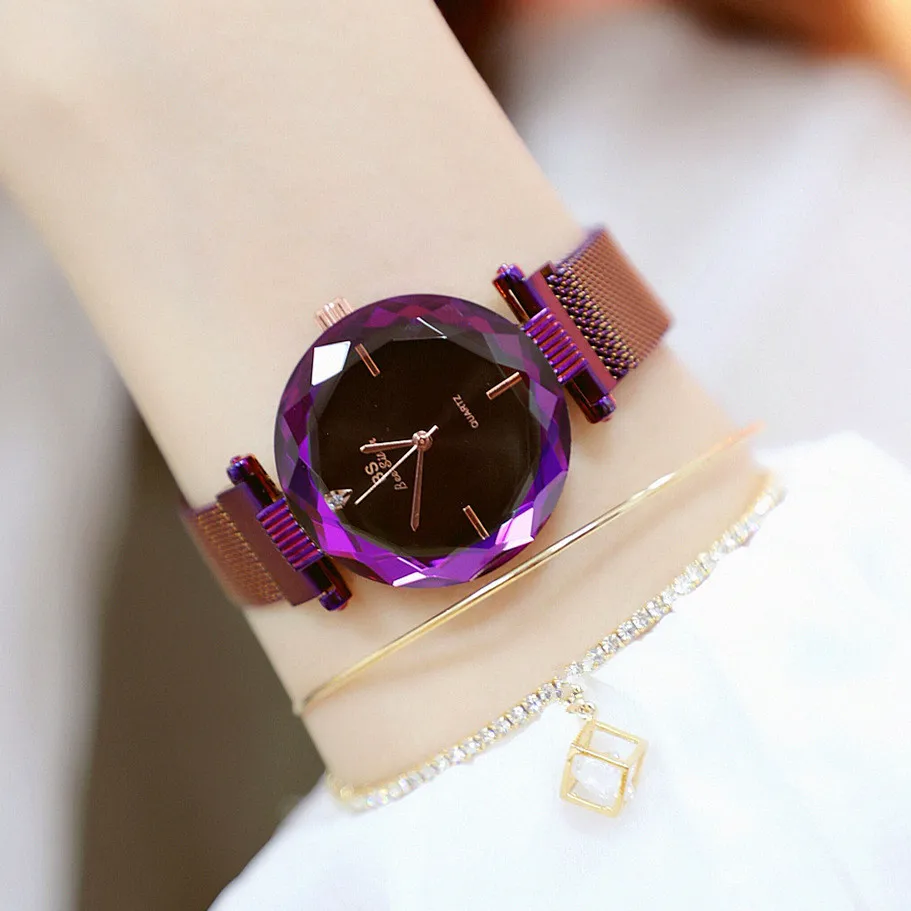 

BS Bee Sister Women's Rhinestone Watches Lady's Crystal Wristwatches Magnet Steel Strap Girl's Quartz Relogio (Purple,blue)