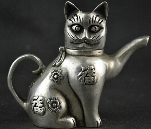 

free shipping Chinese Collectible Decorate Handwork Old Tibet silver carving cat Lucky tea pot