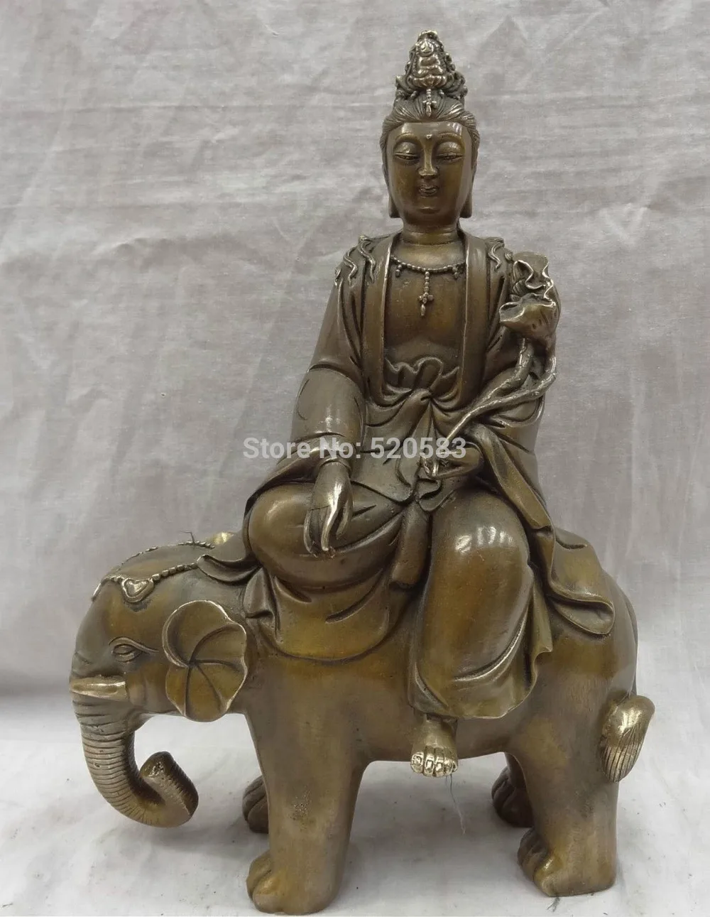 

13" Chinese Bronze Lotus Kwan-Yin Guan Yin Buddha Ride Elephant Statue Copper