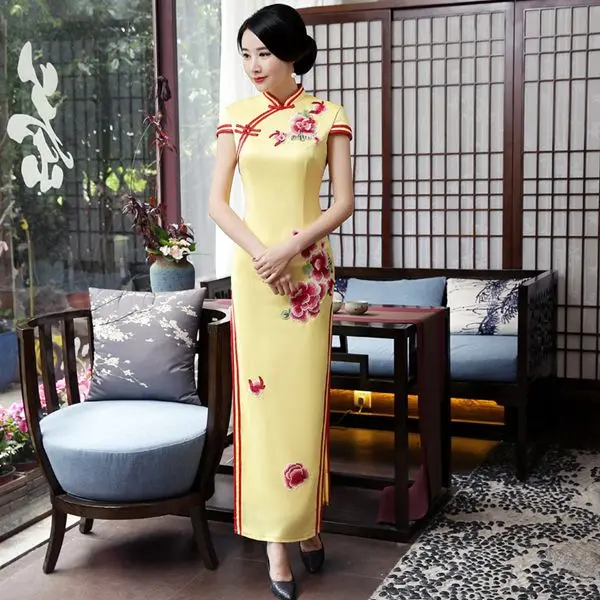 Темно-красное Новое Mxai винтажное китайское платье ченсам Стиль Длинные вечерние платья восточные женские элегантные Qipao Vestido Плюс размер S-5XL - Цвет: yellow