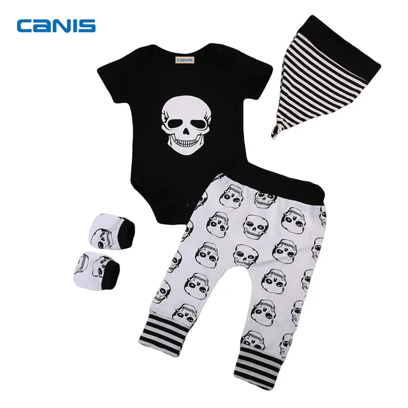 

4PCS Set Baby Boy Girl Skull Clothes Newborn Baby Tops Romper+Long Pants+Hats+Gloves 2017 New Arrival Outfits Kids Clothing Set