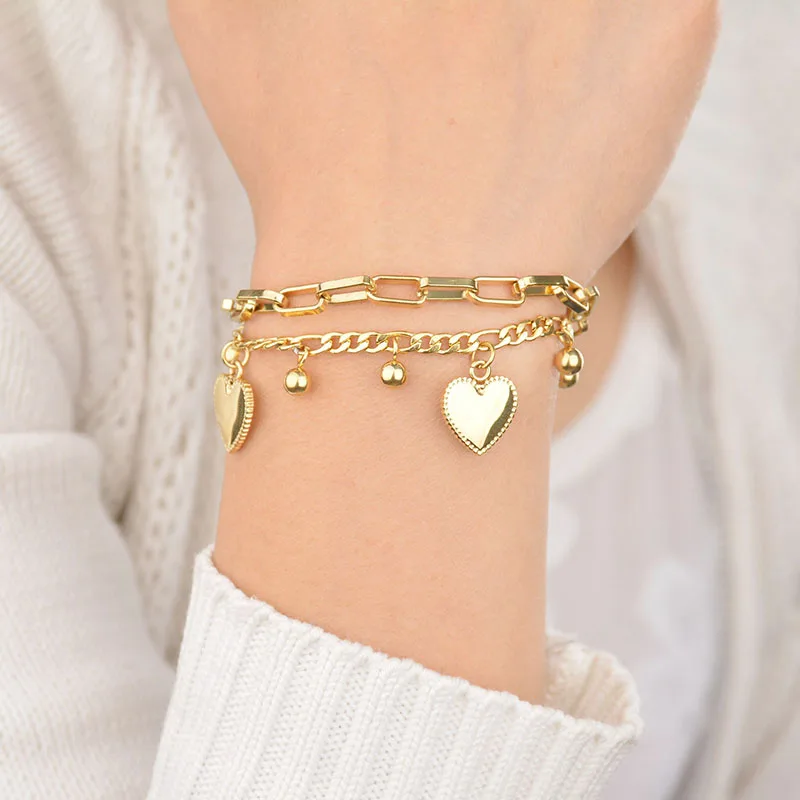 Trendy-Personality-Jewelry-Multilayer-Extension-Chain-Bead-Heart-Gold-Color-Bead-Stainless-Steel-Bracelets-For-Women (2)
