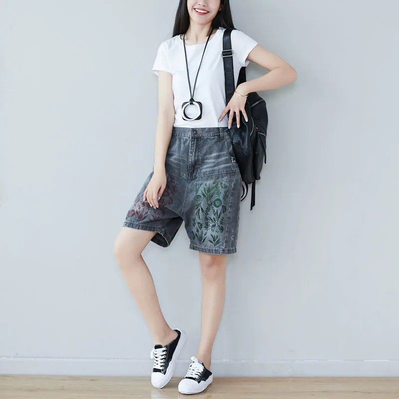 

Vintage printed denim women pants washed hole cotton short jeans elastic waist wide leg loose plus size short pants streetwear