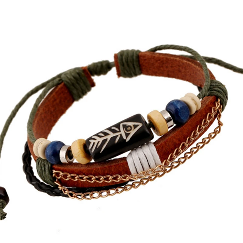 

RONGQING Multilayer Fish Bone Leather Bracelet Men Hobo Cuff Pulseras Retro Hombre Handmade Bracelets