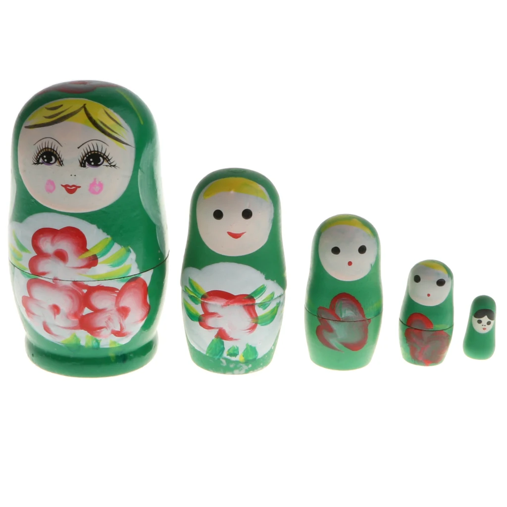 5PCS Wooden Russian Nesting Dolls Toy Handmade Matryoshka Babushka Pattern Girls Dolls Christmas Gifts Home Decor - Green