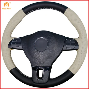 

MEWANT Beige Black Leather Car Steering Wheel Cover for Volkswagen VW Gol Tiguan Passat B7 Passat CC Touran Jetta Mk6 Interior