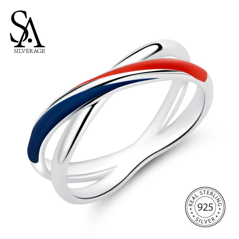 SA SILVERAGE 925 Sterling Silver Europa Wedding Rings for Women Silver 925 Blue/Red Stripe Rings For Women Fine Jewelry