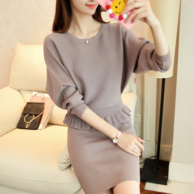 Special Offers Autumn knitting female fashion two-piece suit full batwing sleeve pullover ruffles o-neck solid regular sweater skirt +blouse Special Offers Autumn knitting female fashion two-piece suit full batwing sleeve pullover ruffles o-neck solid regular sweater skirt +blouse