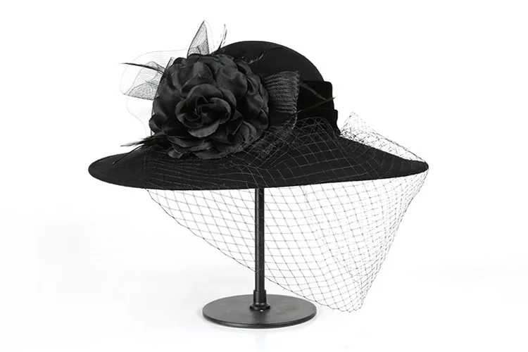 Роскошная австралийская шерстяная фетровая шляпа для женщин, осень зима, шляпа с большим цветком и широкими полями, вечерние фетровые шляпы с цветочным рисунком - Цвет: Черный