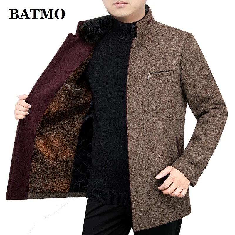 BATMO Новое поступление зимнее высококачественное шерстяное пальто с воротником из искусственного меха для мужчин, мужские шерстяные куртки MN806