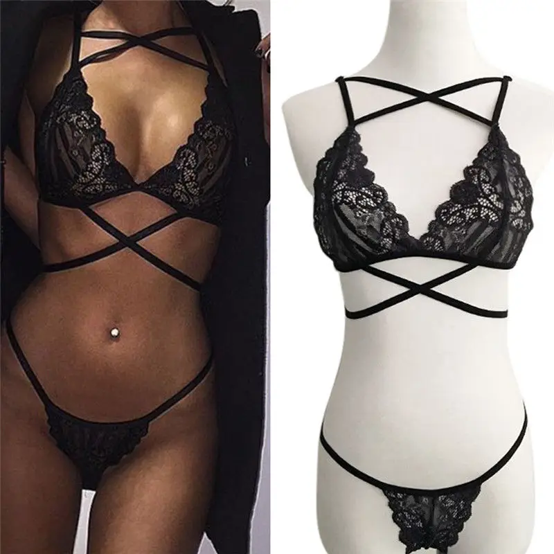 1Set Sexy Black Lace Cross Belt Lingerie Bra Set Translucent Wirefree Hollow Bra Intimates Lady
