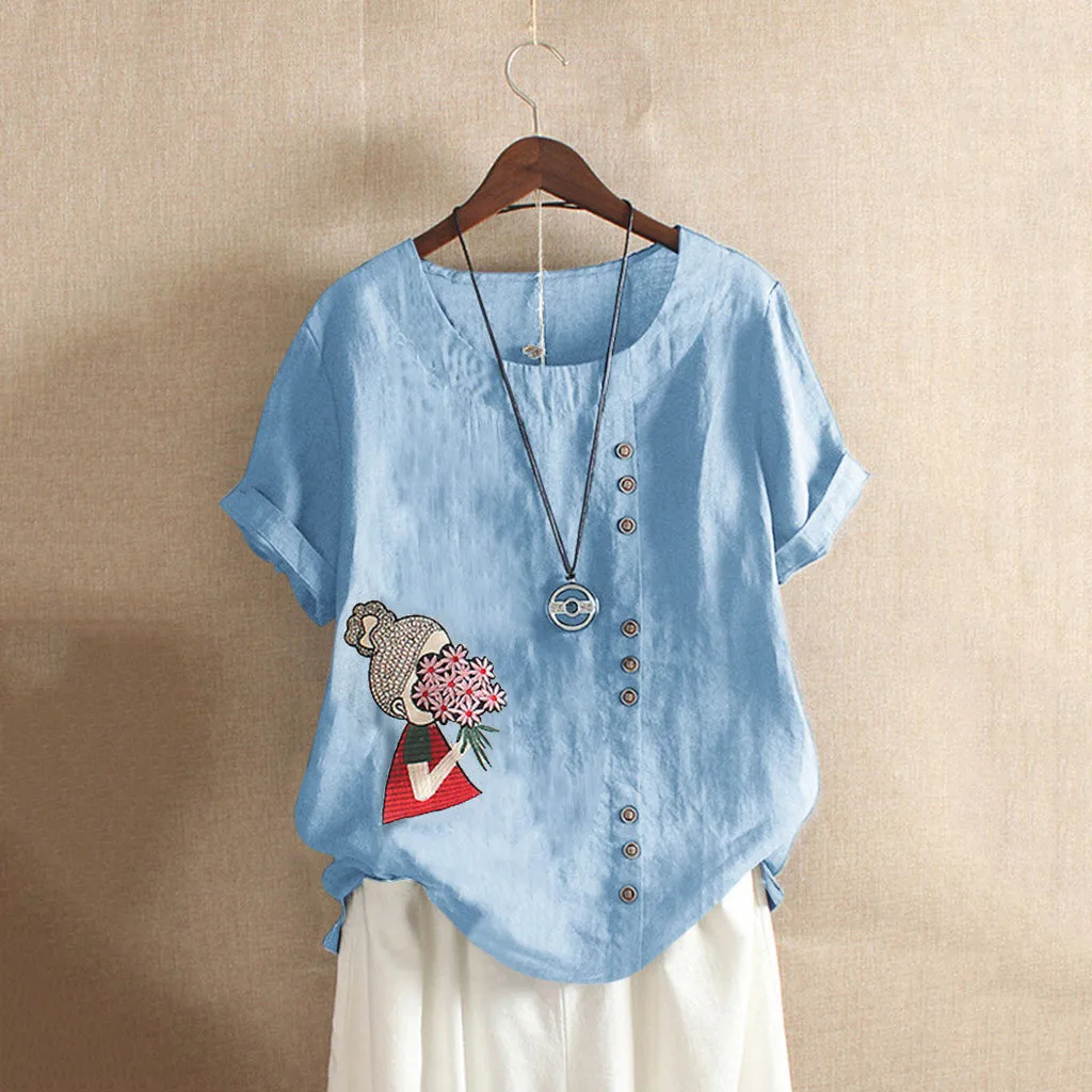 

feitong women blouses Casual Plus Size O-Neck Printed Loose Button Tunic Shirt Blouse Tops blusas elegantes de mujer 2019